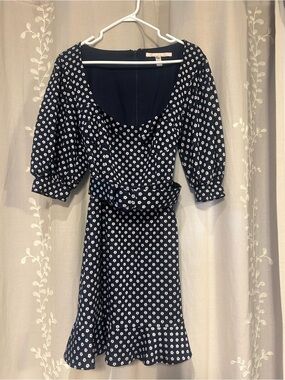 Hutch Navy and White Waist Belt Floral Puff-Sleeve Midi Dress